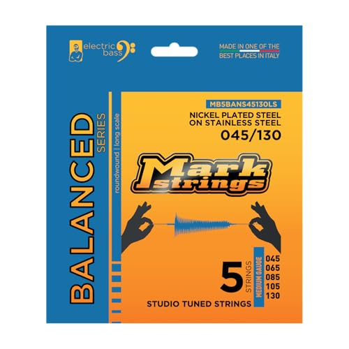 DV Mark Balanced Series - Electric Bass Strings Set of 5,  Medium Gauge (45-130) - Nickel Plated Steel on Stainless Steel - Studio Tuned Bass Guitar Strings, Long Scale
