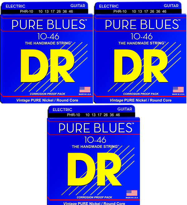 DR Strings Pure Blues Pure Nickel Electric Guitar Strings, Medium 10-46, 3-Pack (PHR-10-3PK)