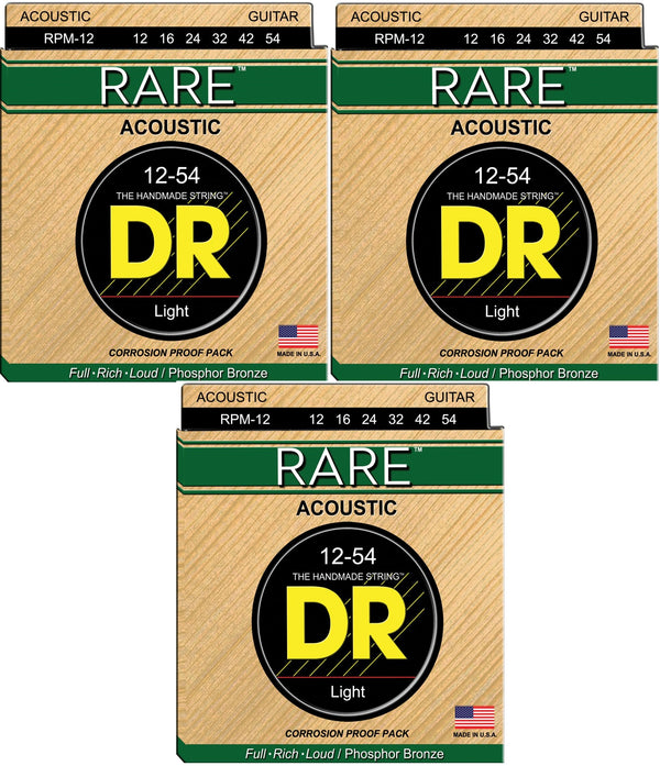 DR Strings Rare Phosphor Bronze Acoustic Guitar Strings, Light 12-54, 3-Pack (RPM-12-3PK)